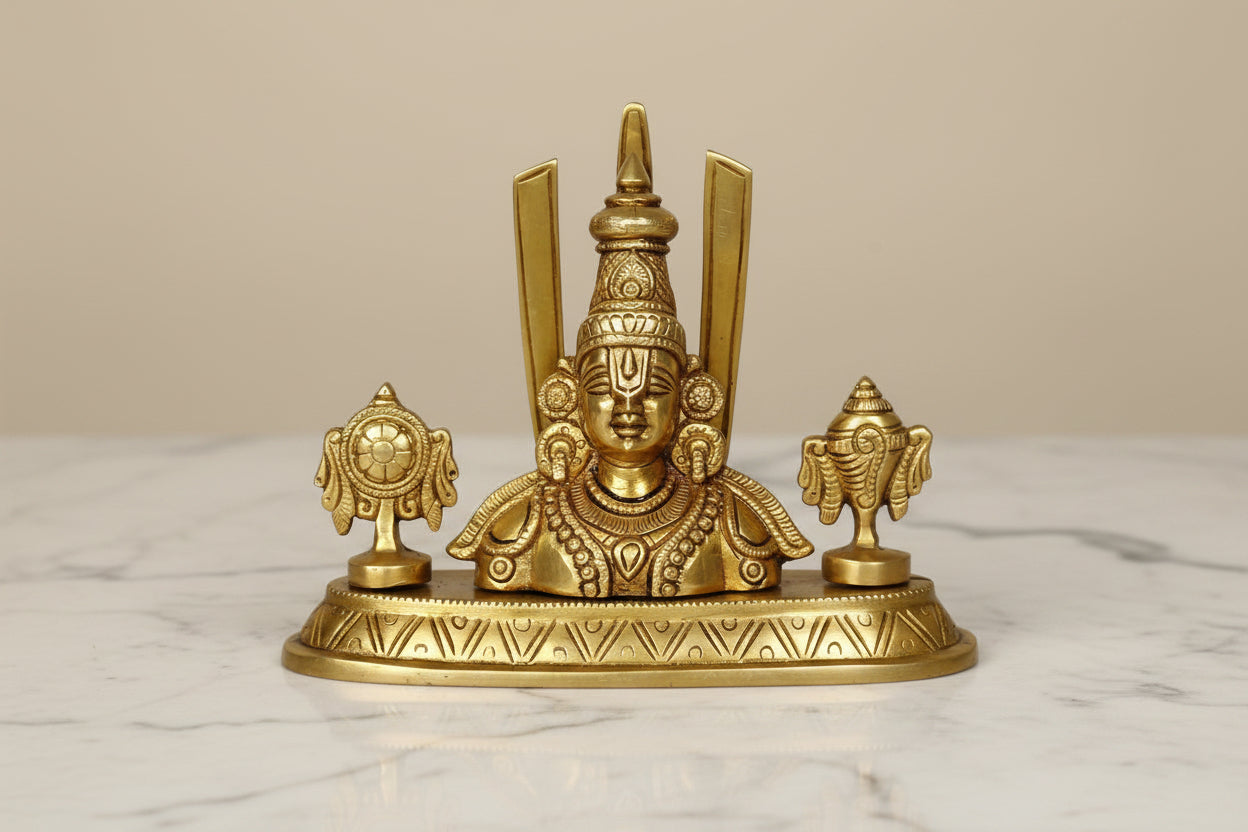 Brass Lord Balaji Bust with Shanku Chakra – Divine Energy, Prosperity & Protection Idol