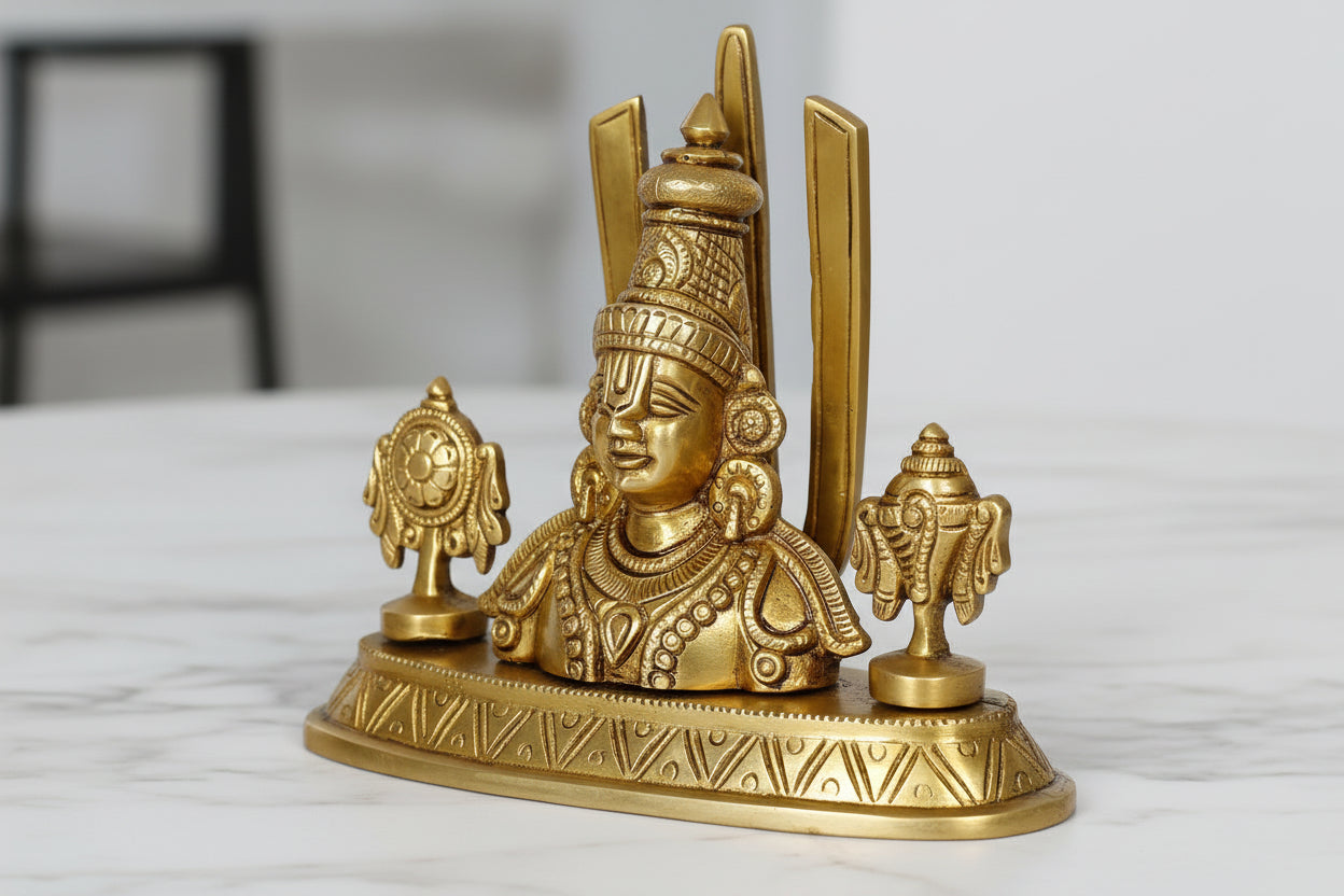 Brass Lord Balaji Bust with Shanku Chakra – Divine Energy, Prosperity & Protection Idol
