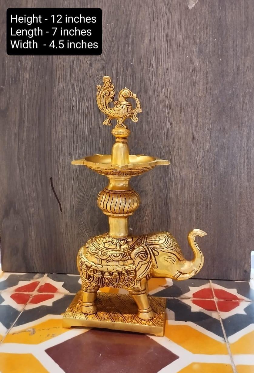 Brass Peacock Elephant Diya Ethnic Design Handmade Curved Oil Wick Antique Deepak Lamp 