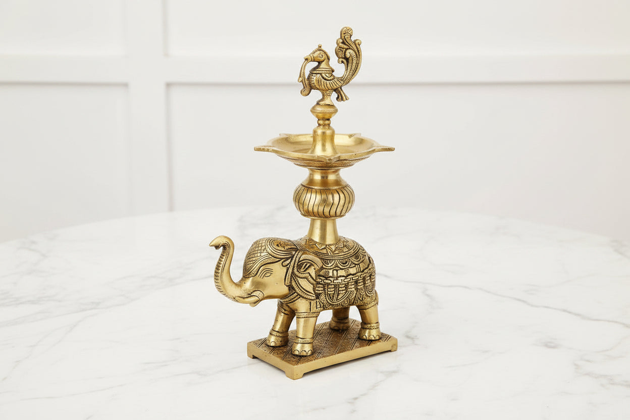Brass Peacock Elephant Diya Ethnic Design Handmade Curved Oil Wick Antique Deepak Lamp 