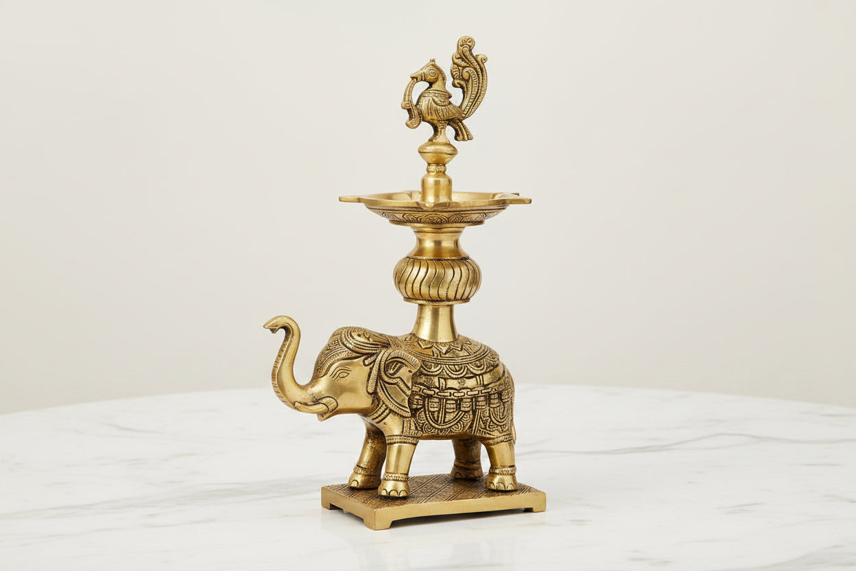 Brass Peacock Elephant Diya Ethnic Design Handmade Curved Oil Wick Antique Deepak Lamp 