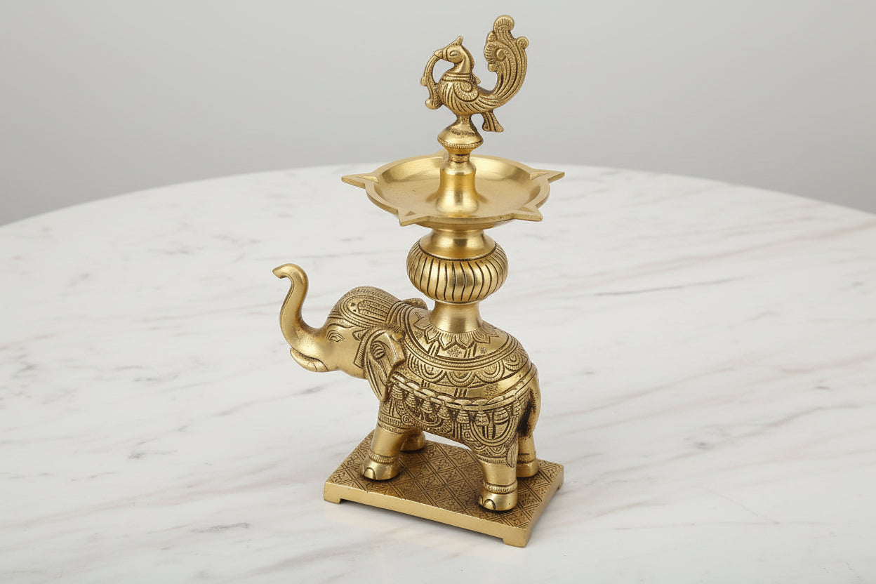 Brass Peacock Elephant Diya Ethnic Design Handmade Curved Oil Wick Antique Deepak Lamp 