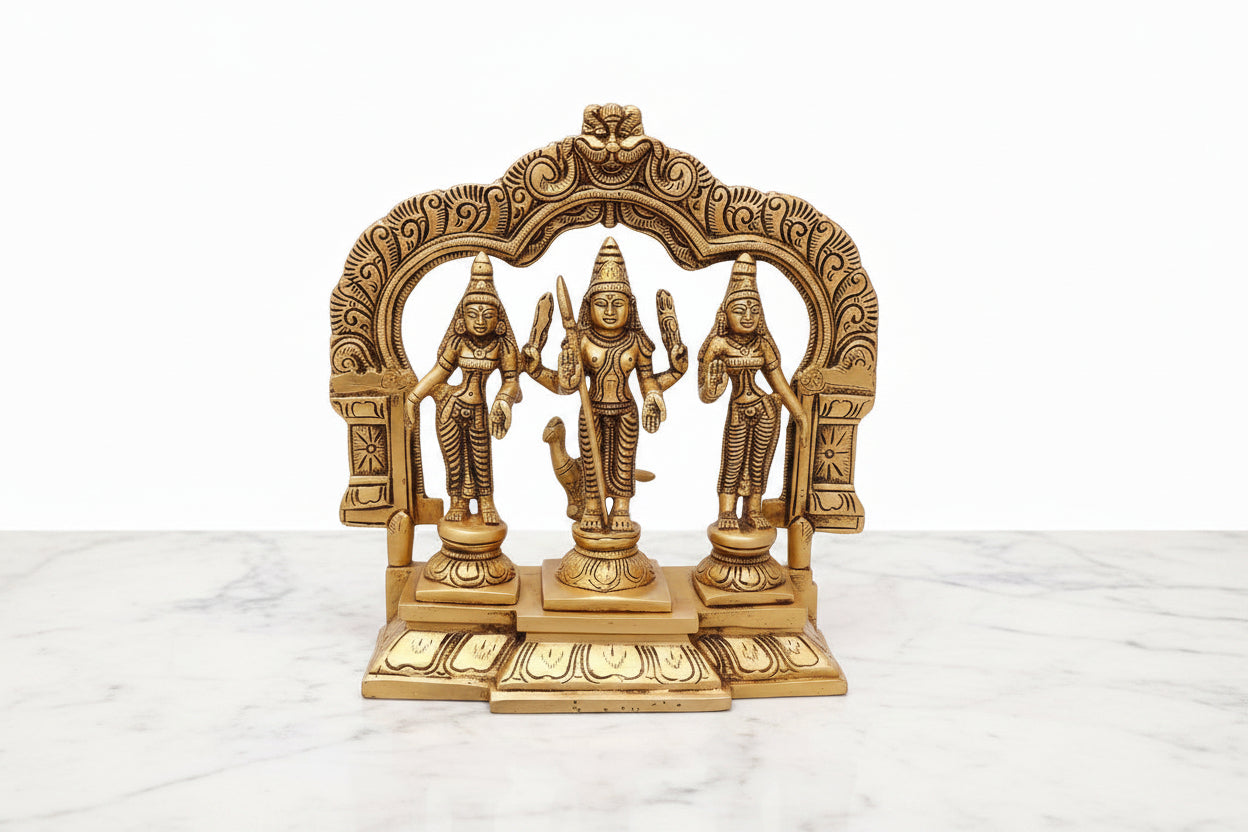 Handcrafted Brass Lord Murugan Idol Set with Devasena & Valli – Divine Blessings, Prosperity & Harmony