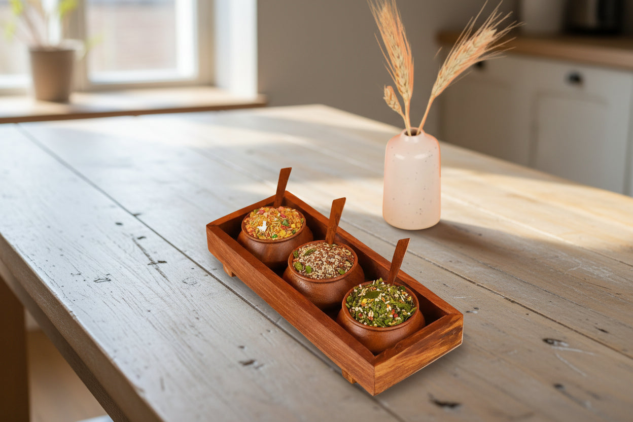 Handmade Wooden Serving Jar Set of 3 with Tray & Spoon – Kitchen Spice, Condiment & Refreshment Box for Home & Restaurant Décor