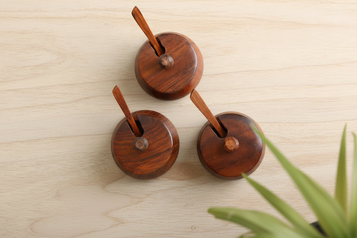 Handmade Wooden Serving Jar Set of 3 with Tray & Spoon – Kitchen Spice, Condiment & Refreshment Box for Home & Restaurant Décor