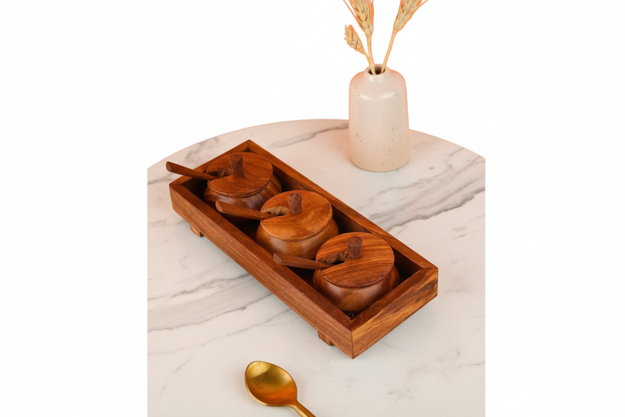 Handmade Wooden Serving Jar Set of 3 with Tray & Spoon – Kitchen Spice, Condiment & Refreshment Box for Home & Restaurant Décor