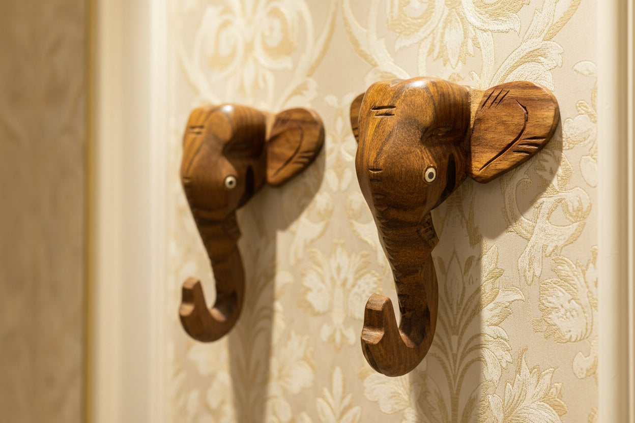 Handmade Wooden Elephant Key Hooks Set of 2 single hooks – Ethnic Wall Décor for Home & Office Organization