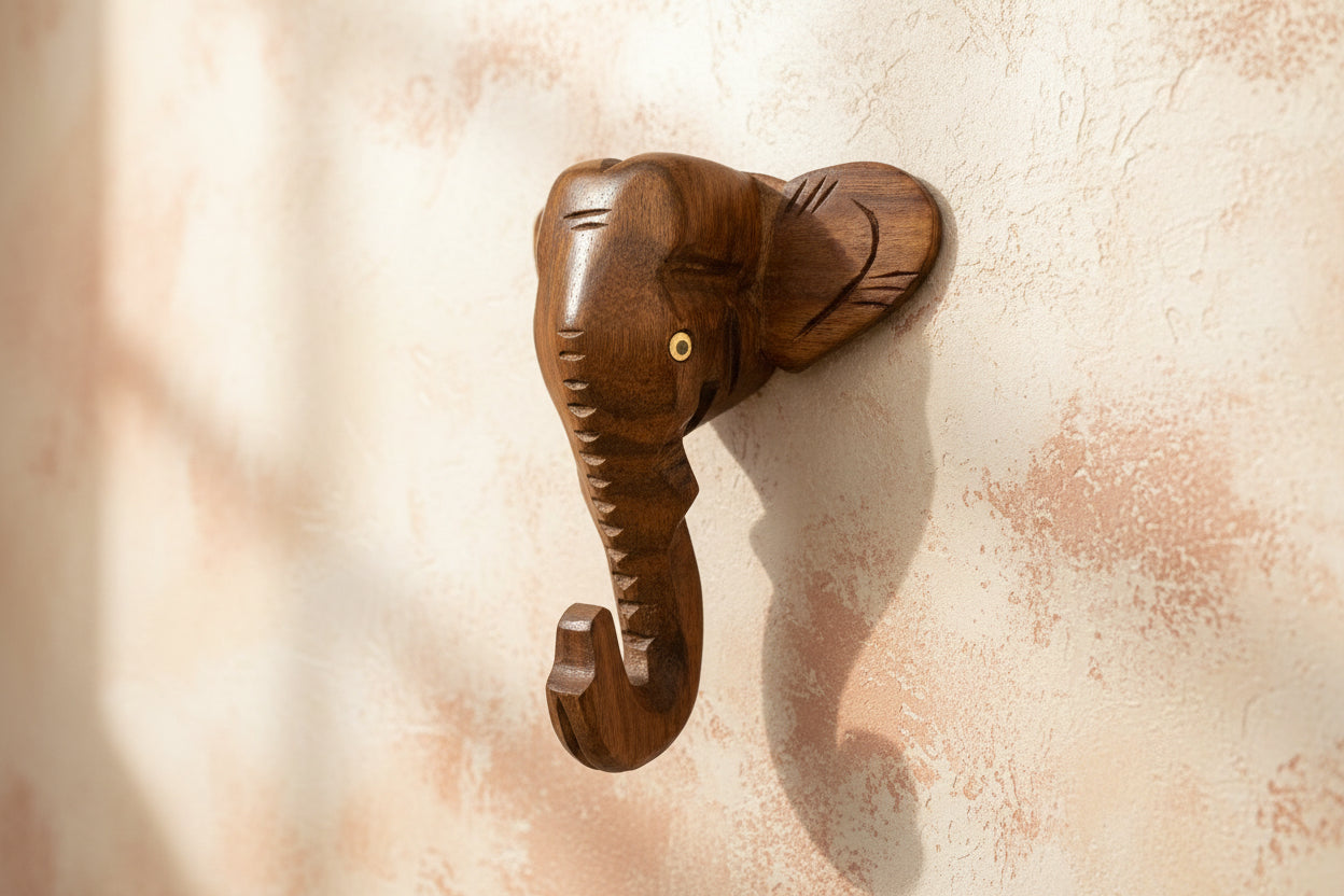 Handmade Wooden Elephant Key Hooks Set of 2 single hooks – Ethnic Wall Décor for Home & Office Organization