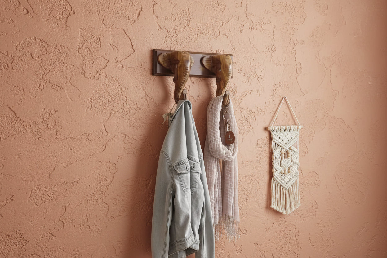Handmade Wooden Elephant Key Hooks Set of 2 hooks – Ethnic Wall Décor for Home & Office Organization