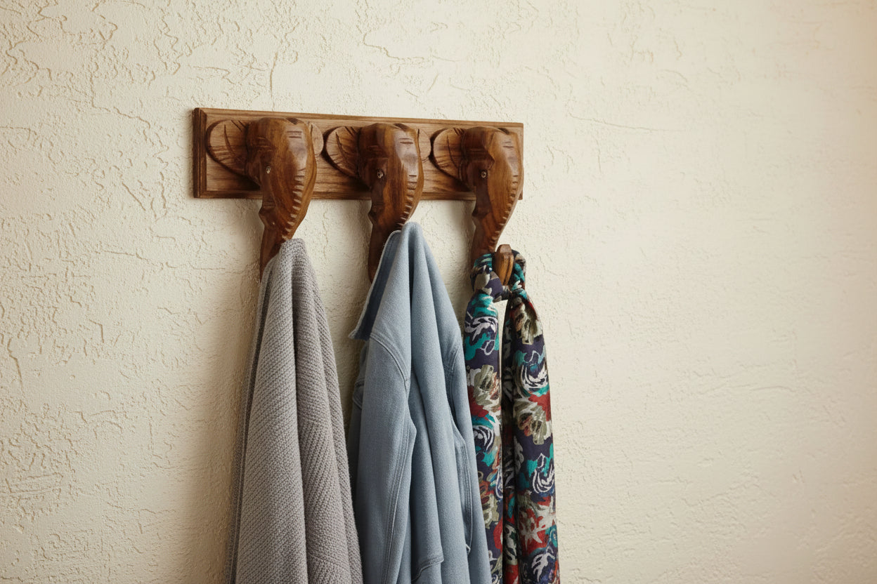 Handmade Wooden Elephant Key Hooks Set of 3 hooks – Ethnic Wall Décor for Home & Office Organization