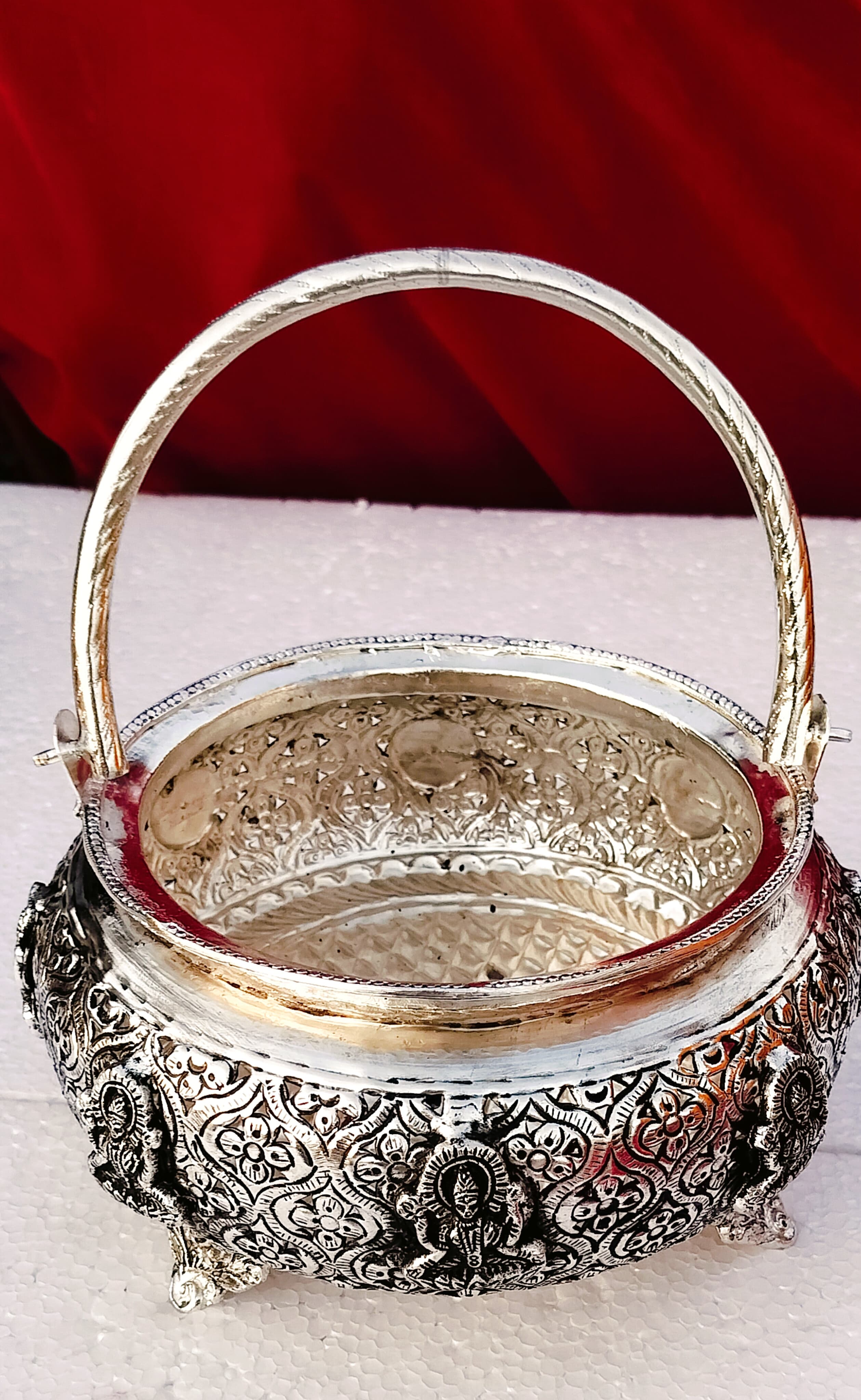 German silver antique Ashtalakshmi engraved flower basket for flowers/fruits/home decor,