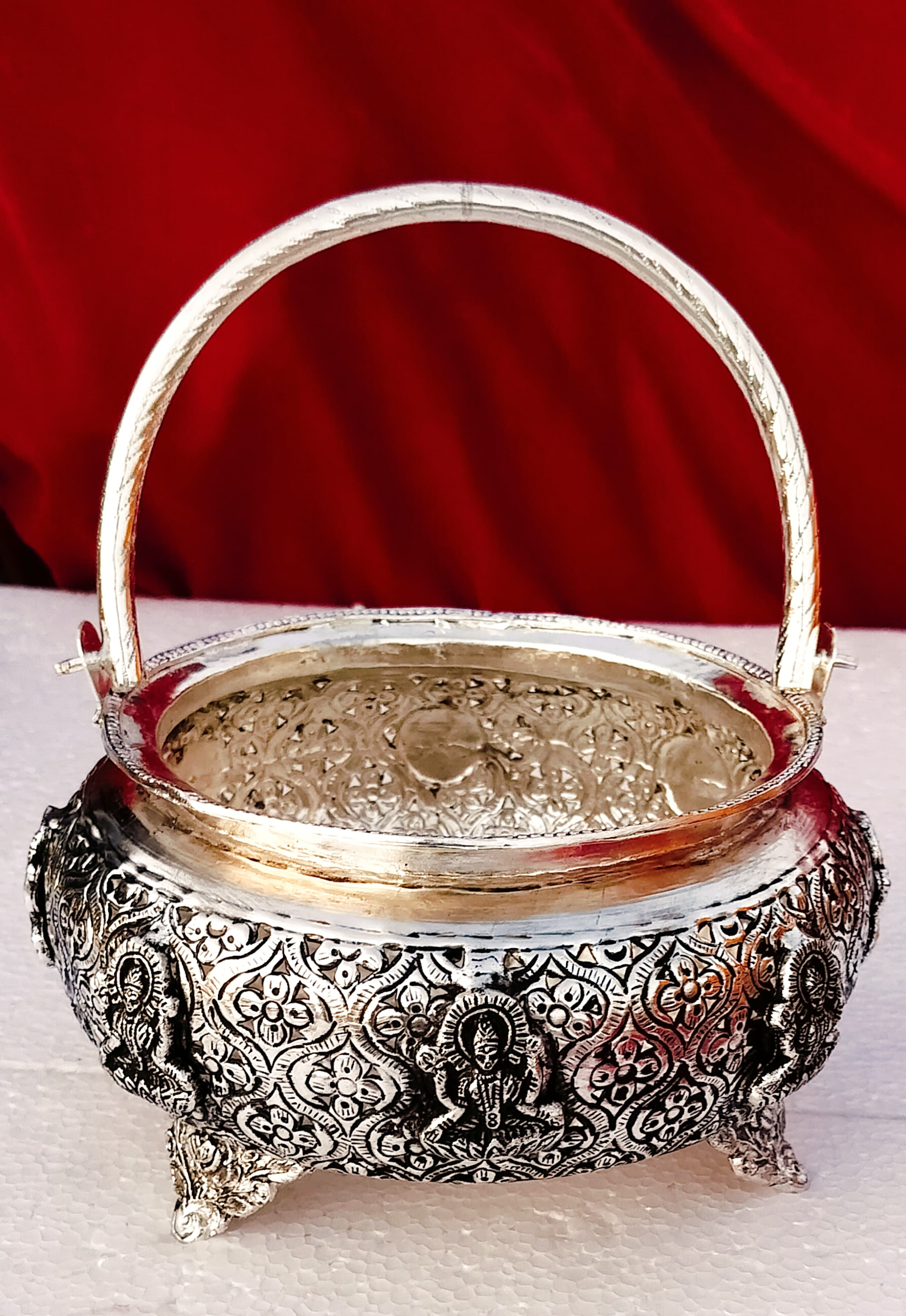 German silver antique Ashtalakshmi engraved flower basket for flowers/fruits/home decor,