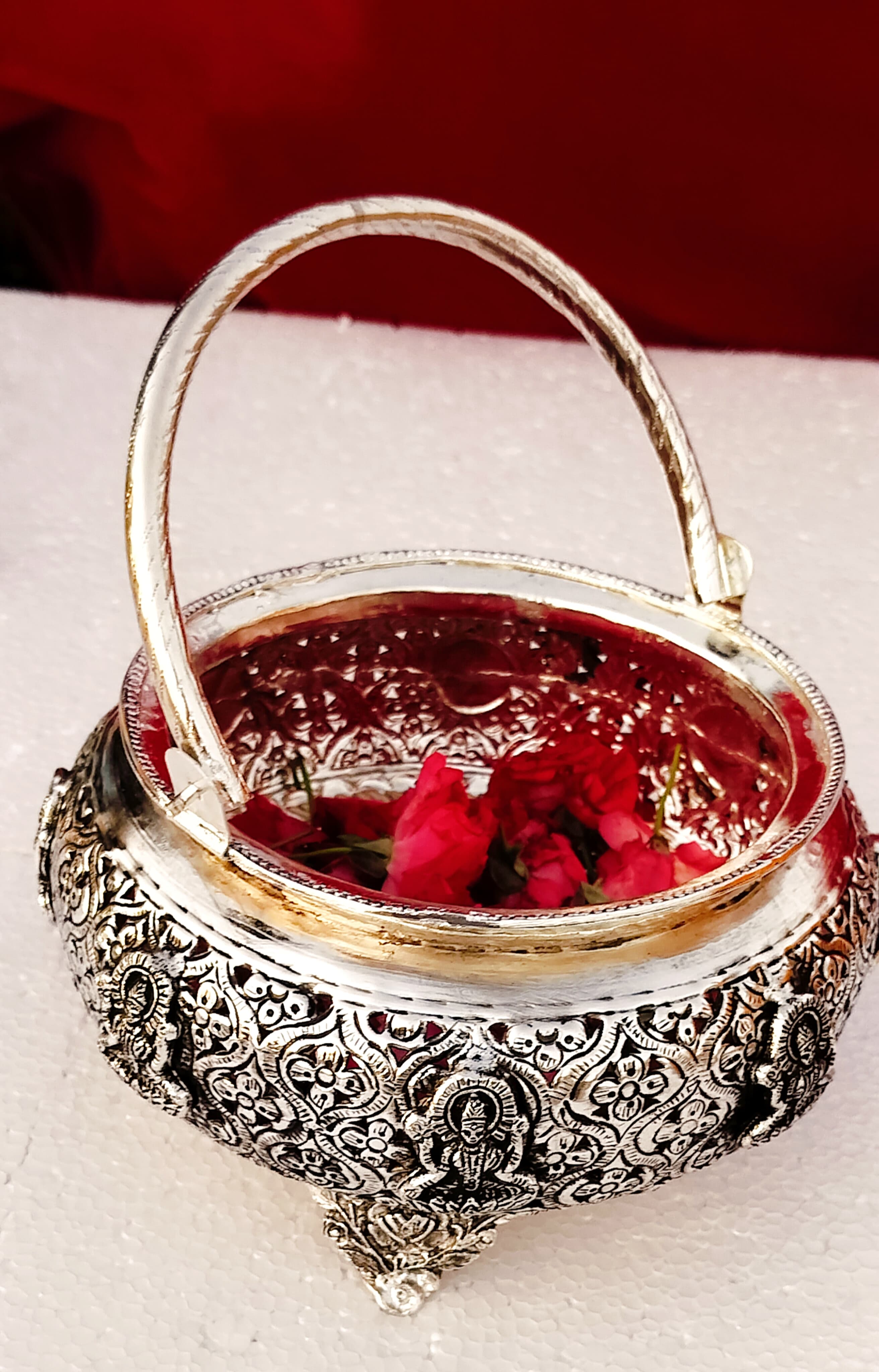 German silver antique Ashtalakshmi engraved flower basket for flowers/fruits/home decor,