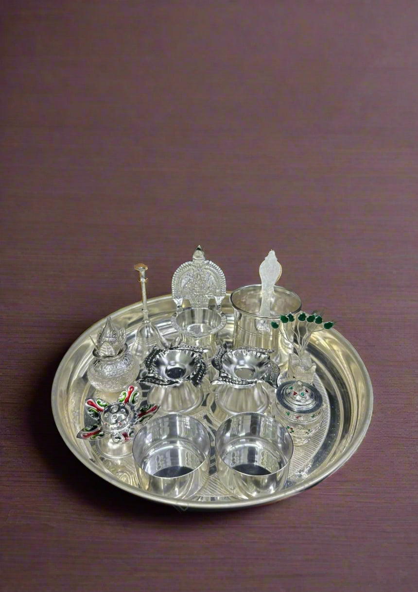 german silver pooja thali set 12 pieces set for housewarming pooja/ diwali pooja