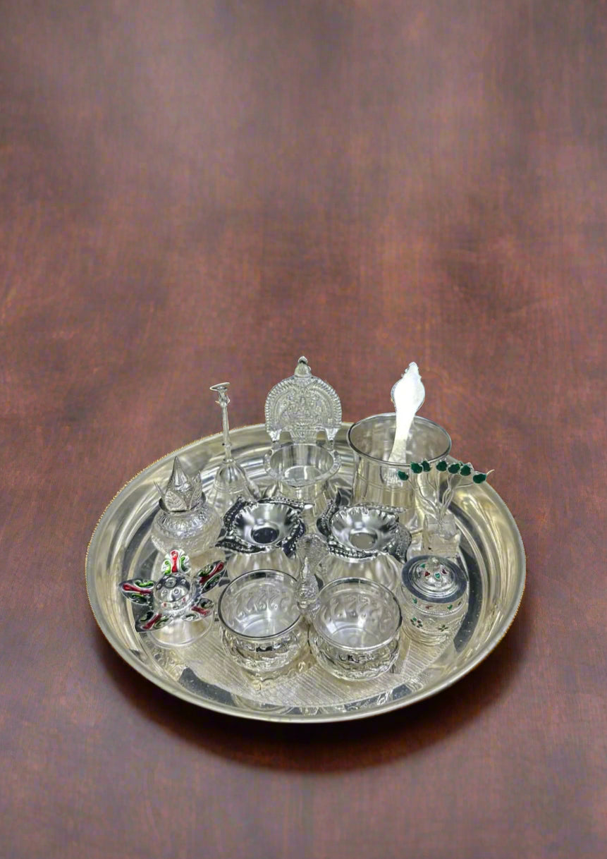 german silver small pooja thali set for festival/ housewarming pooja, 11 pieces
