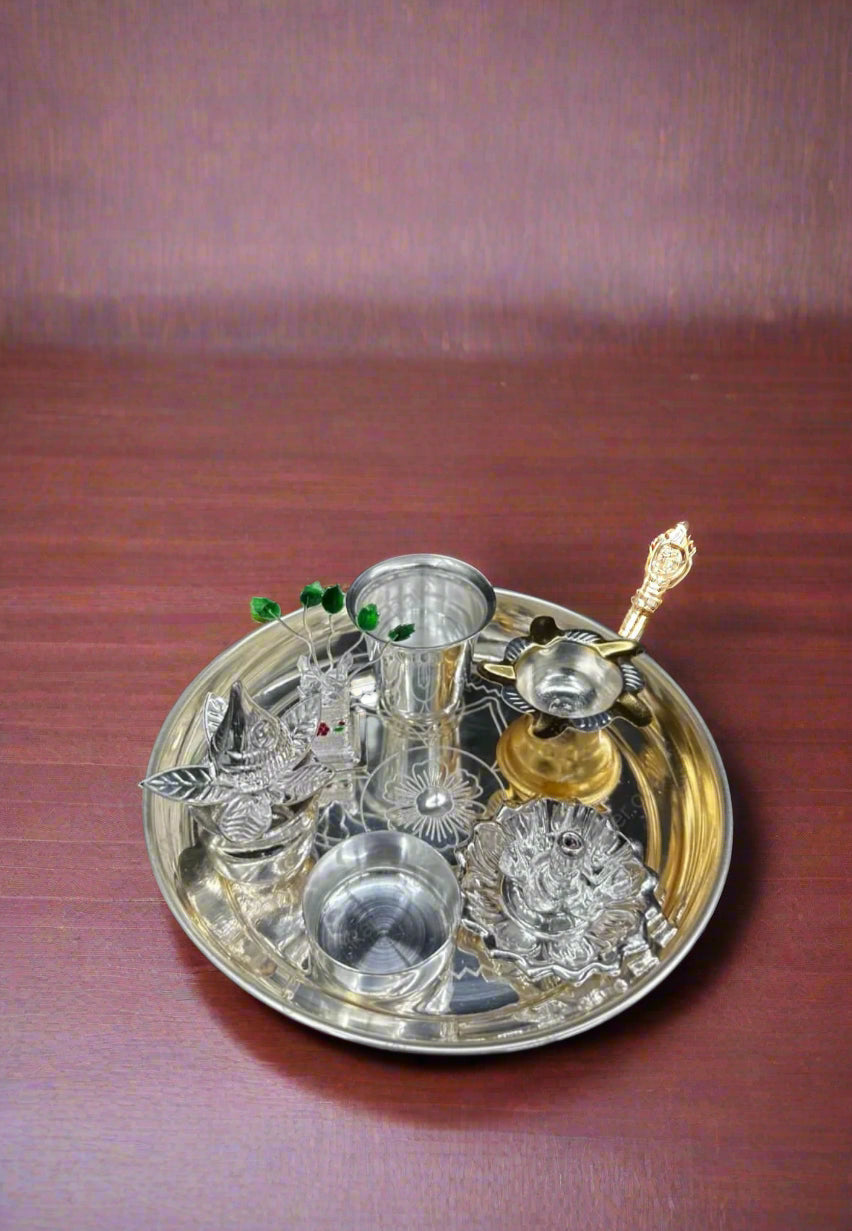 german silver small pooja thali set for festival/ housewarming pooja, 7 pieces set