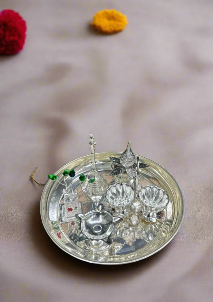 german silver small pooja thali set for festival/ housewarming pooja, 6 pieces set
