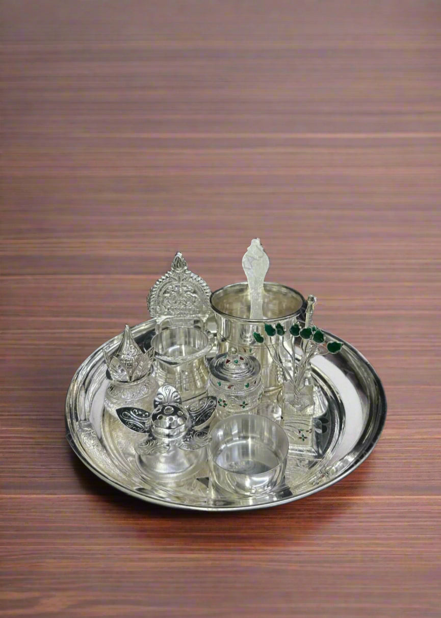 german silver small pooja thali set for festival/ housewarming pooja, 9 pieces set