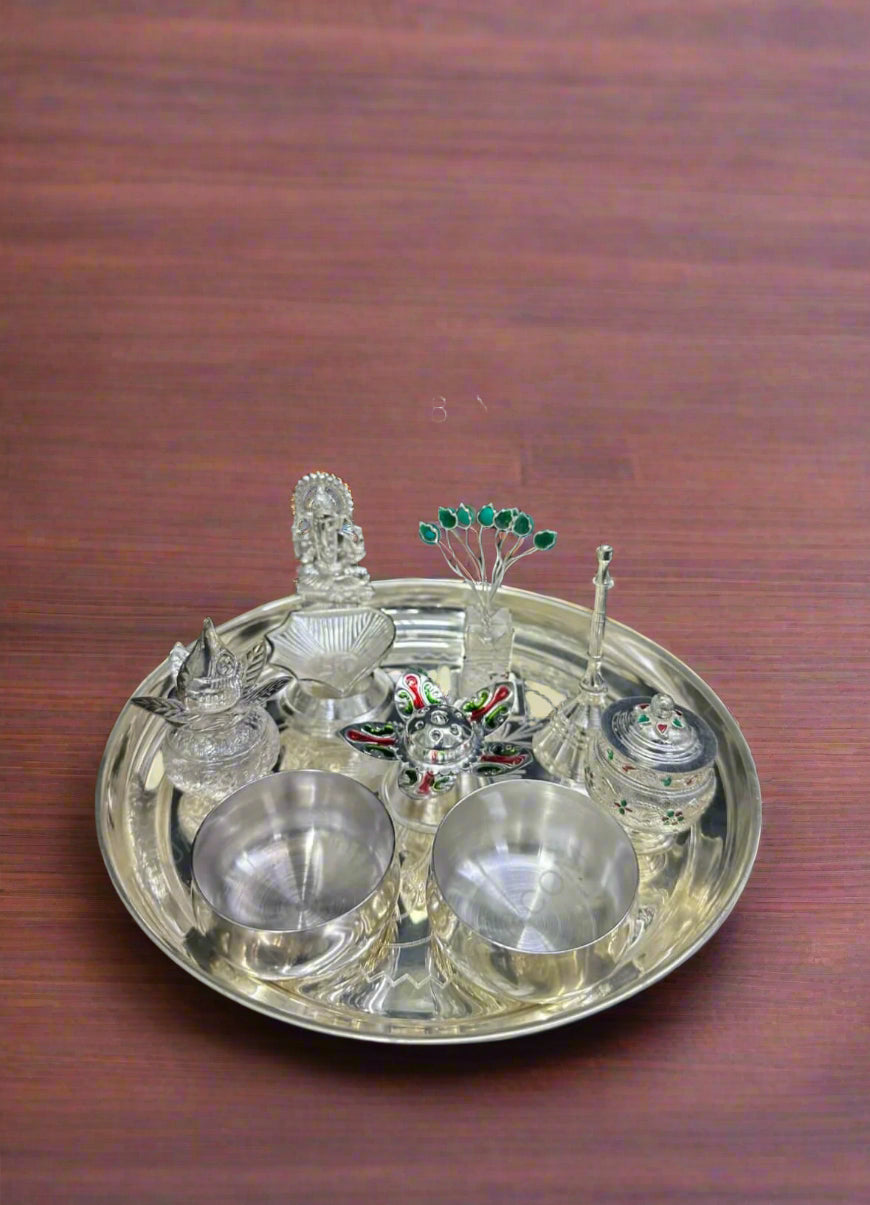 german silver small pooja thali set for festival/ housewarming pooja, 9 pieces