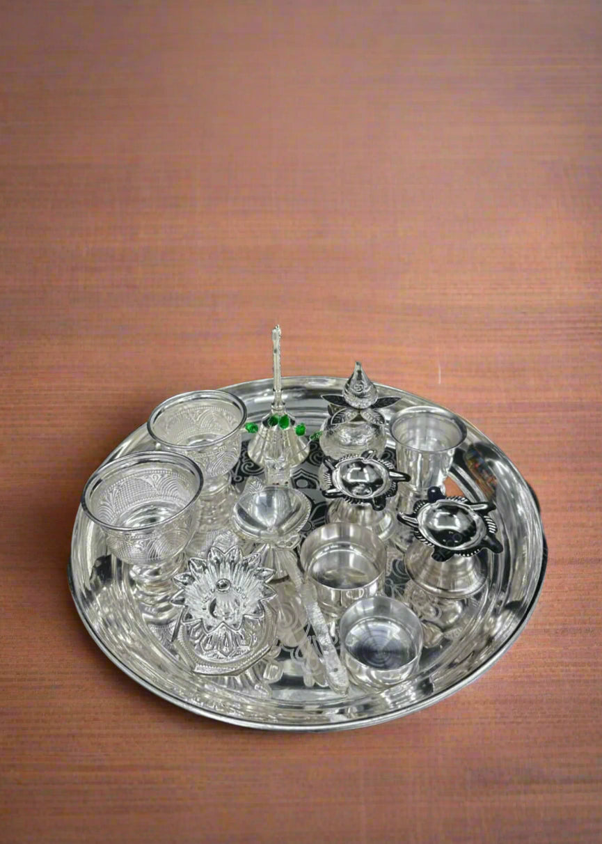 german silver small pooja thali set for festival/ housewarming pooja, 13 pieces
