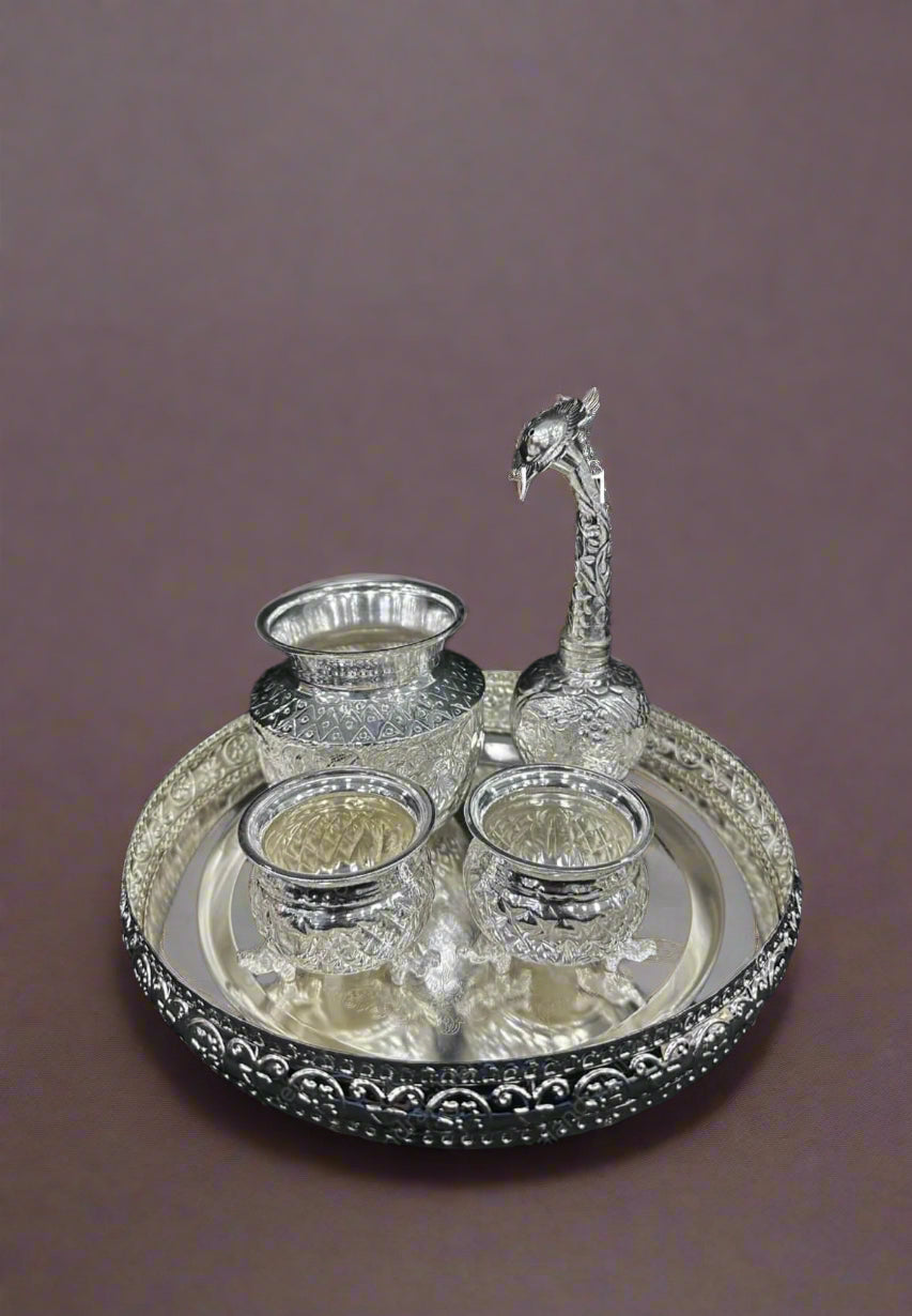 german silver small pooja thali set/ welcoming kit for festival/ housewarming pooja, 5 pieces