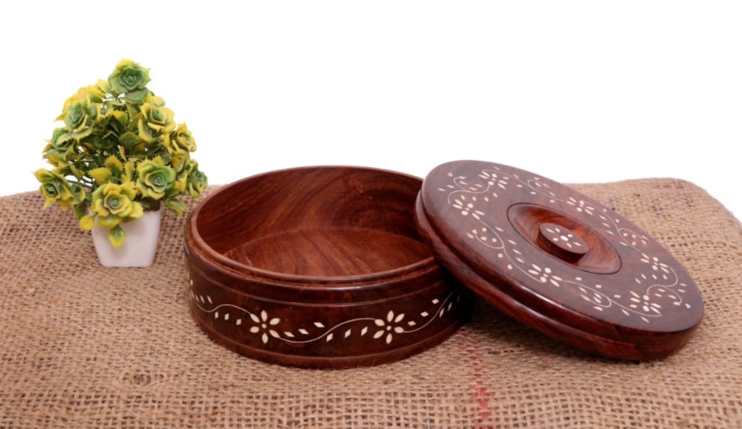 wooden flower inlay design casserole chapati box/roti box with lid for kitchen