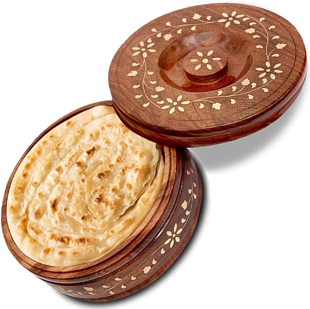 wooden flower inlay design casserole chapati box/roti box with lid for kitchen