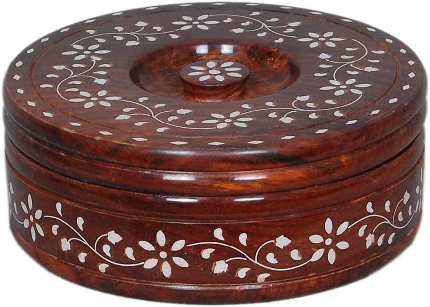 wooden flower inlay design casserole chapati box/roti box with lid for kitchen