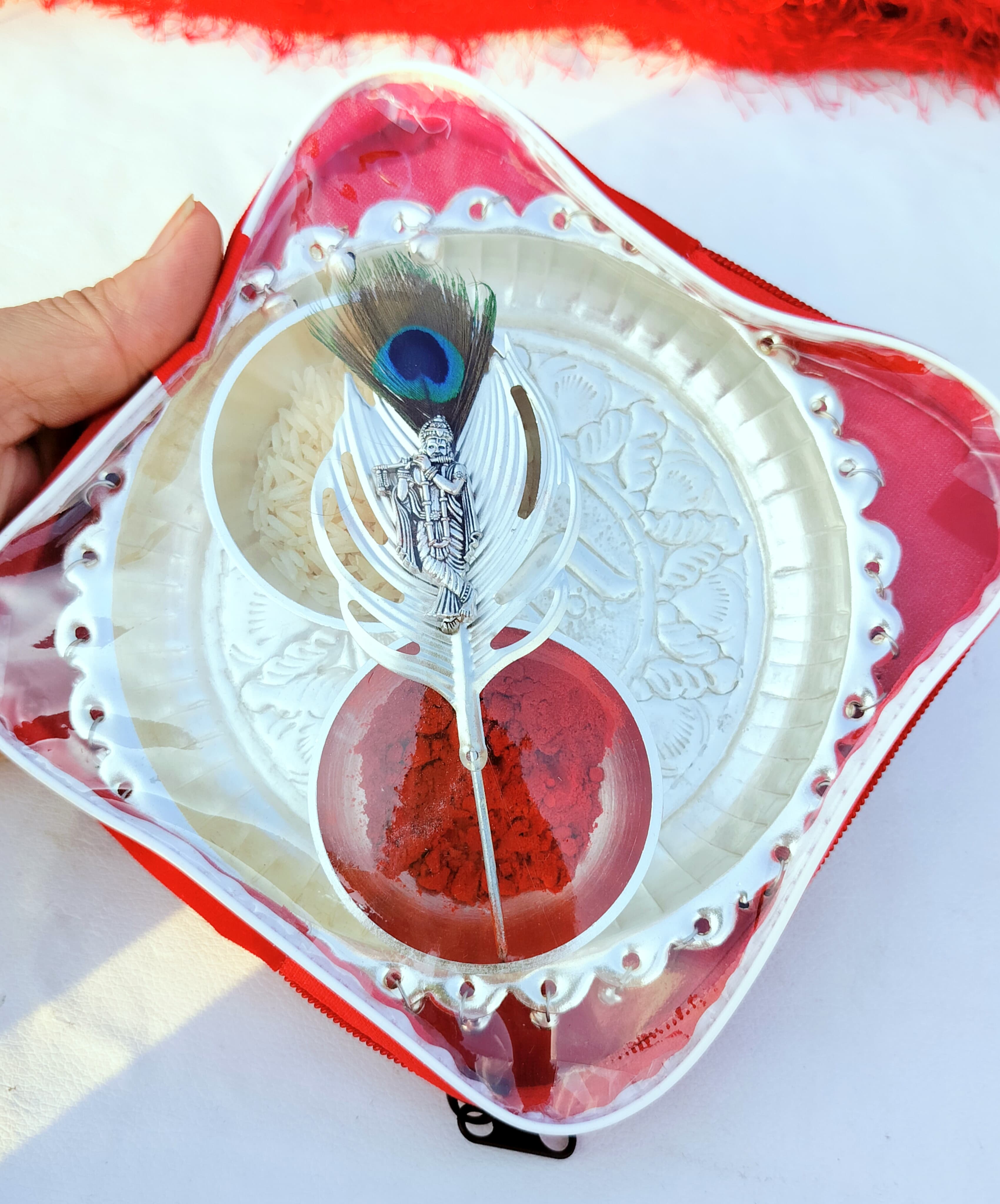 German Silver Small Pooja thali Set with gungroo with Krishan Tilak Stick