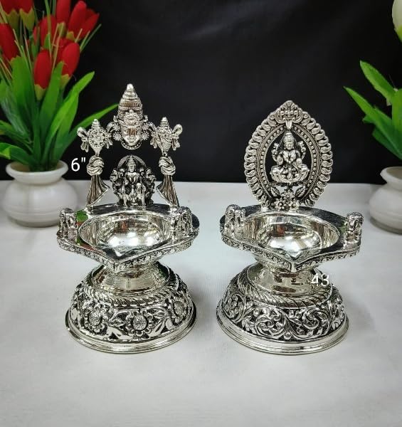 antique finish German silver Laxmi and Balaji deepam pair with elephants