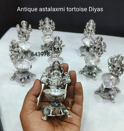 Antique finish German silver astalaxmi tortoise Diya's, 8 different Laxmi on top of tortoise