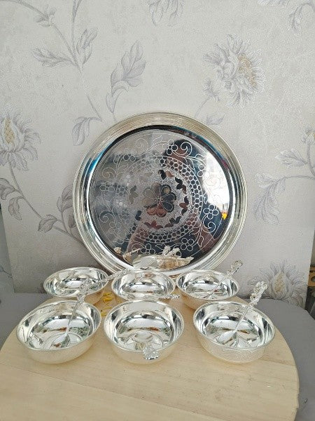 German Silver Combo Sweets/Snacks Platter with 6 Bowls, 6 Spoon, 1 Tray/Plate for Serving