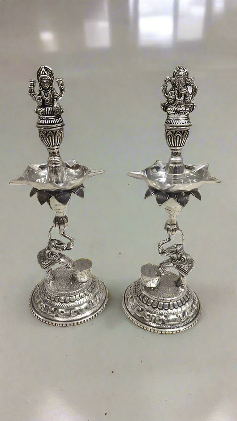 silver plated Lakshmi Ganesh with Lotus Flower and Elephant Pair Diya Set