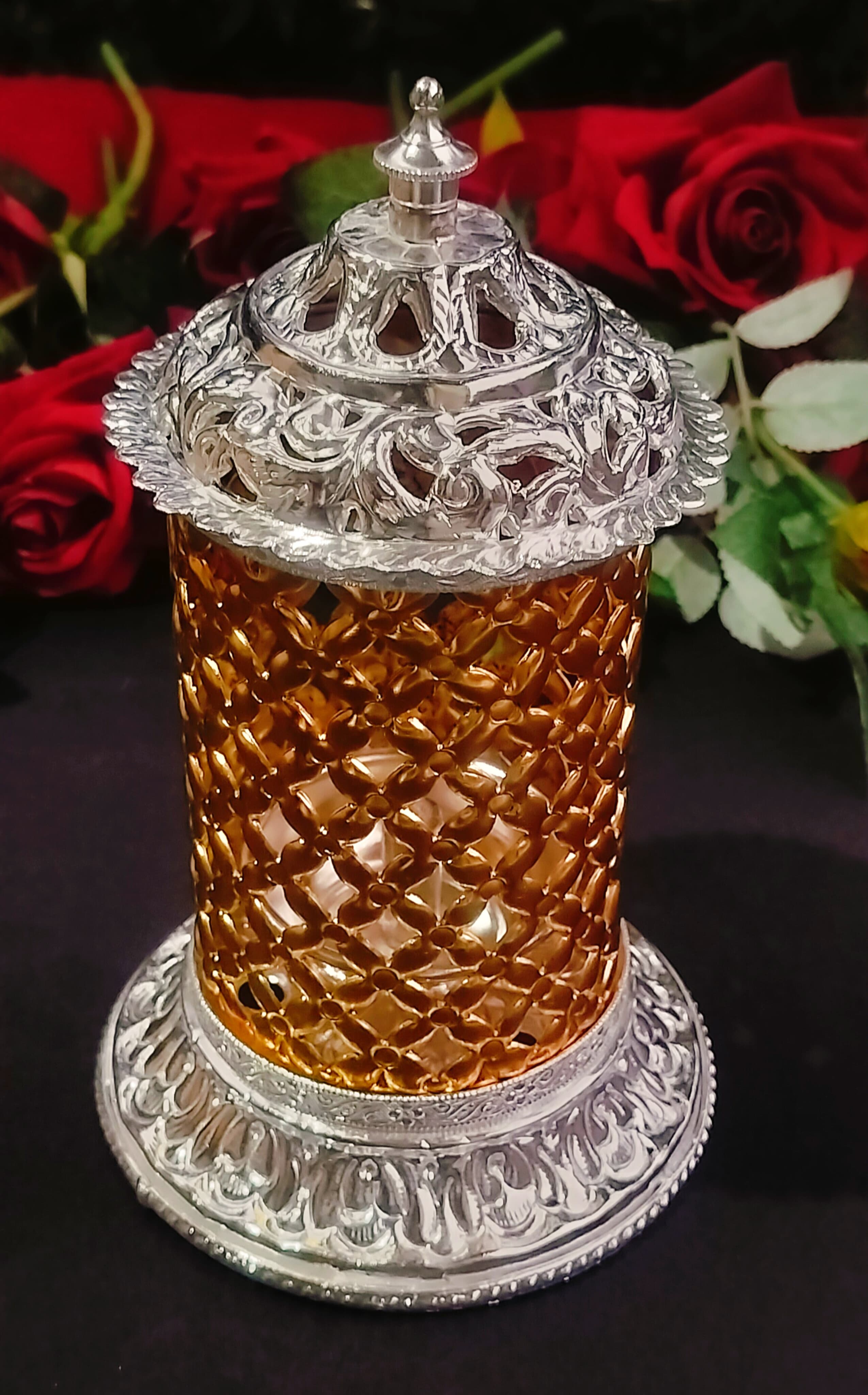 Big Size German Silver with Gold and Silver Color akhand Diya