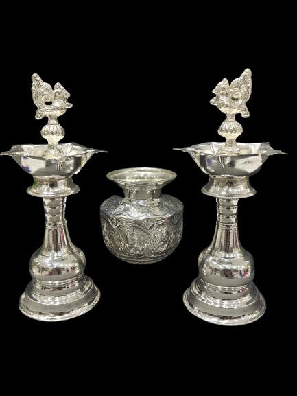 indiancraftbykanika German Silver Peacock Diya with astha Lakshmi Kalash for Housewarming, Festival, Diwali