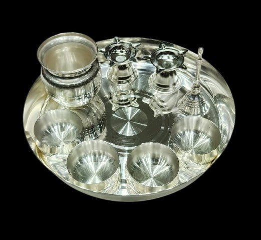 silver plated pooja thali set of 9 pieces for home pooja/Diwali/housewarming