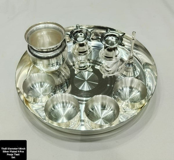 silver plated pooja thali set of 9 pieces for home pooja/Diwali/housewarming