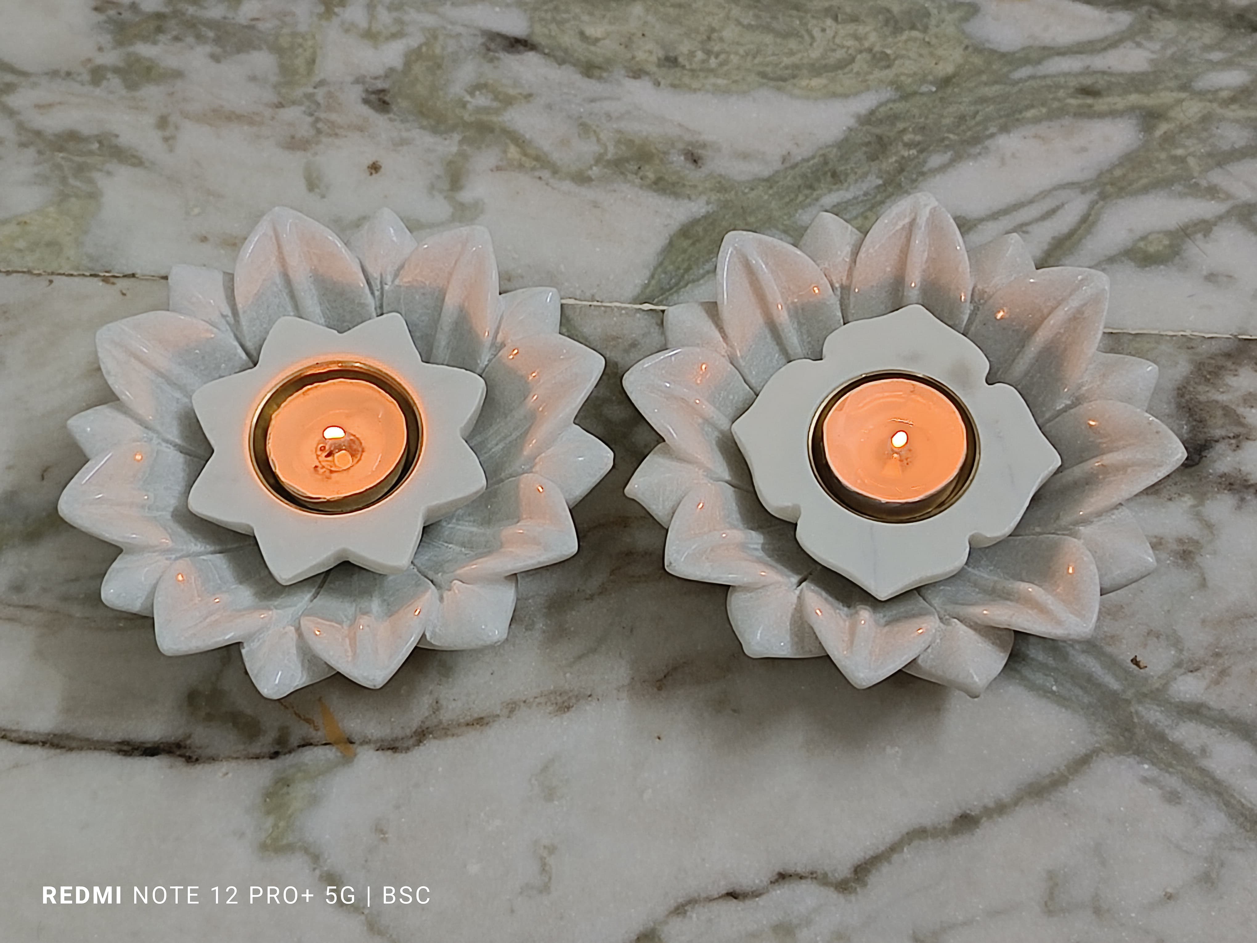 marble lotus urli with star diya/tea light holder for home décor