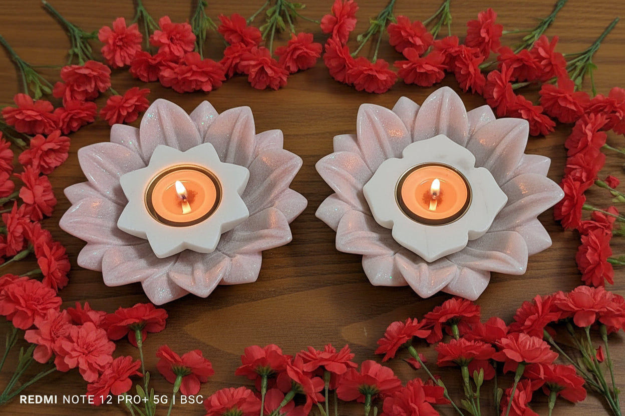 marble lotus urli with star diya/tea light holder for home décor, 2 sets