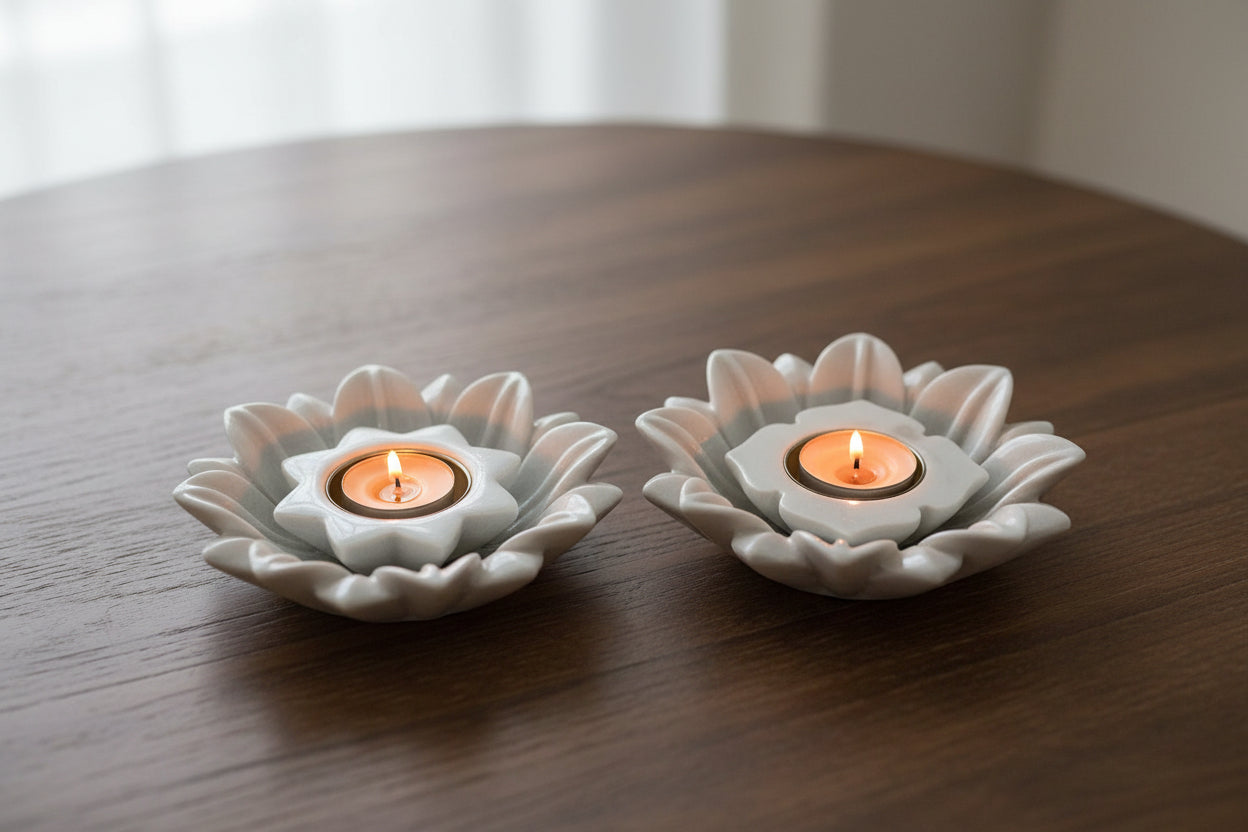 marble lotus urli with star diya/tea light holder for home décor, 2 sets