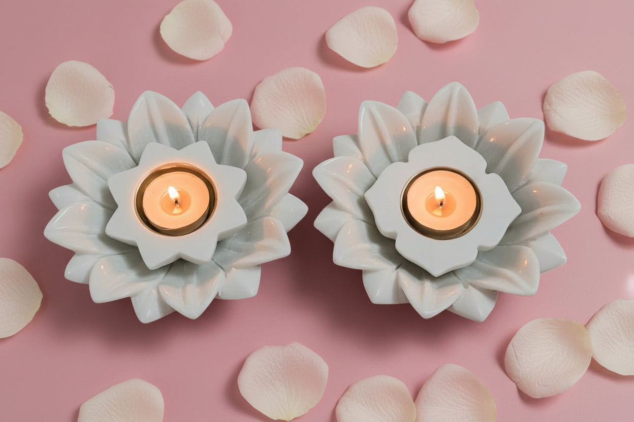 marble lotus urli with star diya/tea light holder for home décor, 2 sets