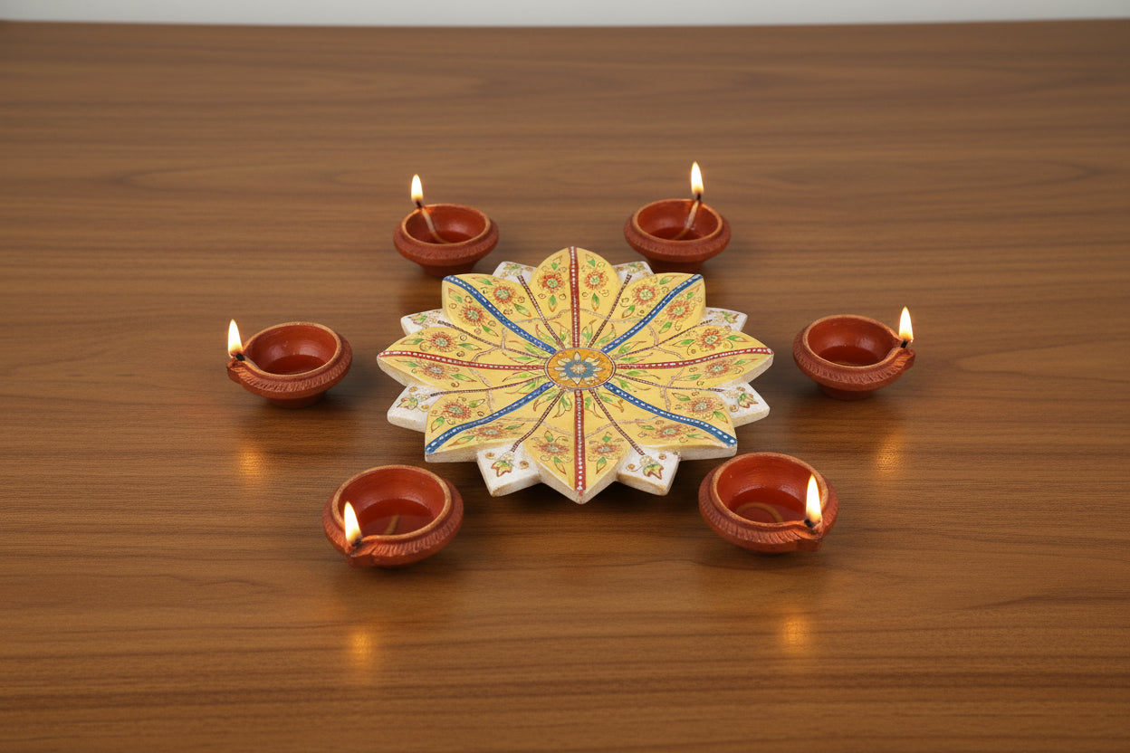 colorful marble lotus urli for home décor, 12"