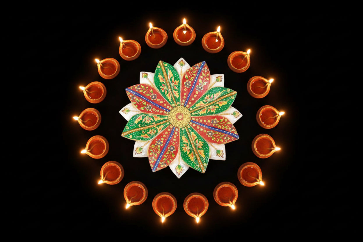 colorful hand painted marble lotus urli for home décor, 12"