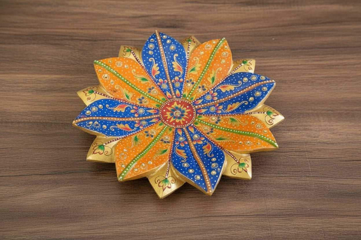 colorful marble lotus urli handpainted for home décor, 12"