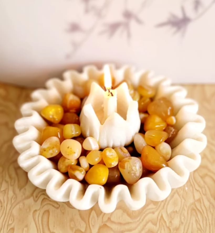 set of 2, spiral marble urli with lotus tea light holder for home décor/gift item