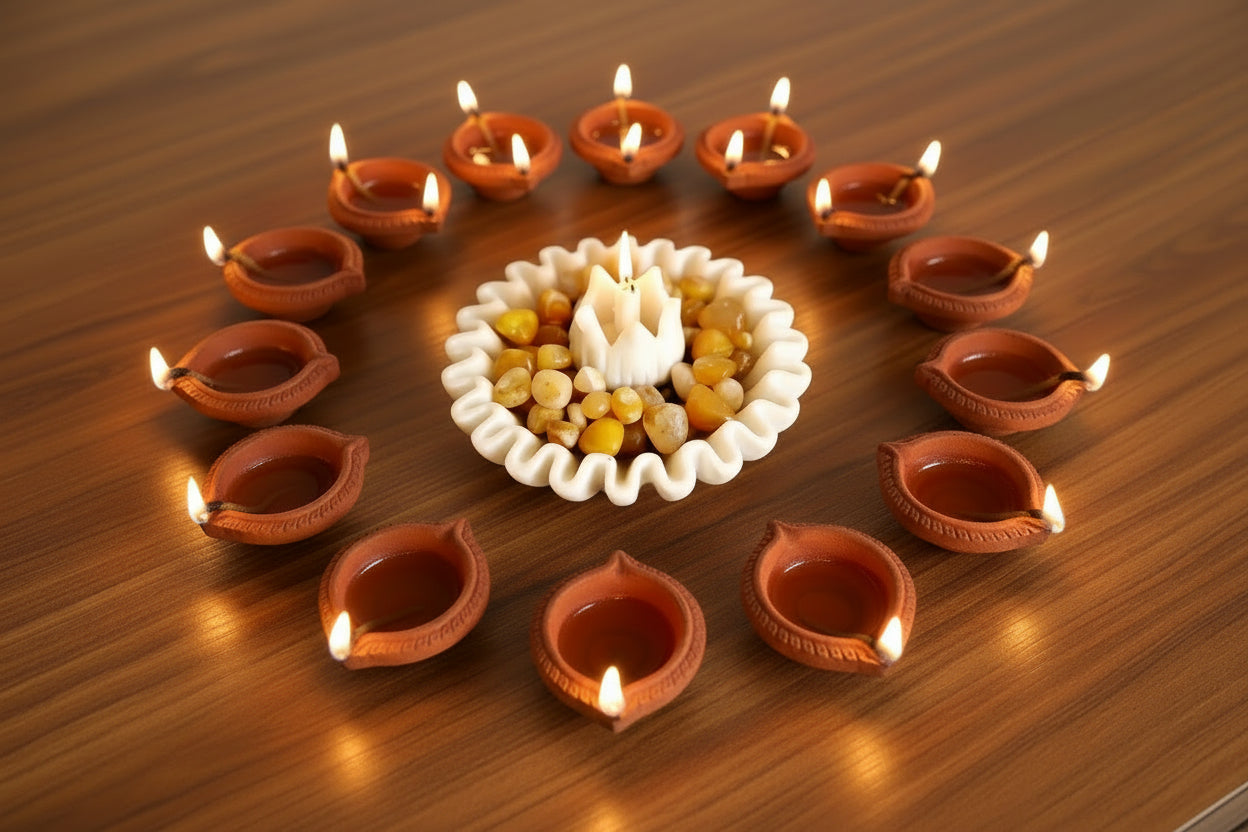 set of 2, spiral marble urli with lotus tea light holder for home décor/gift item