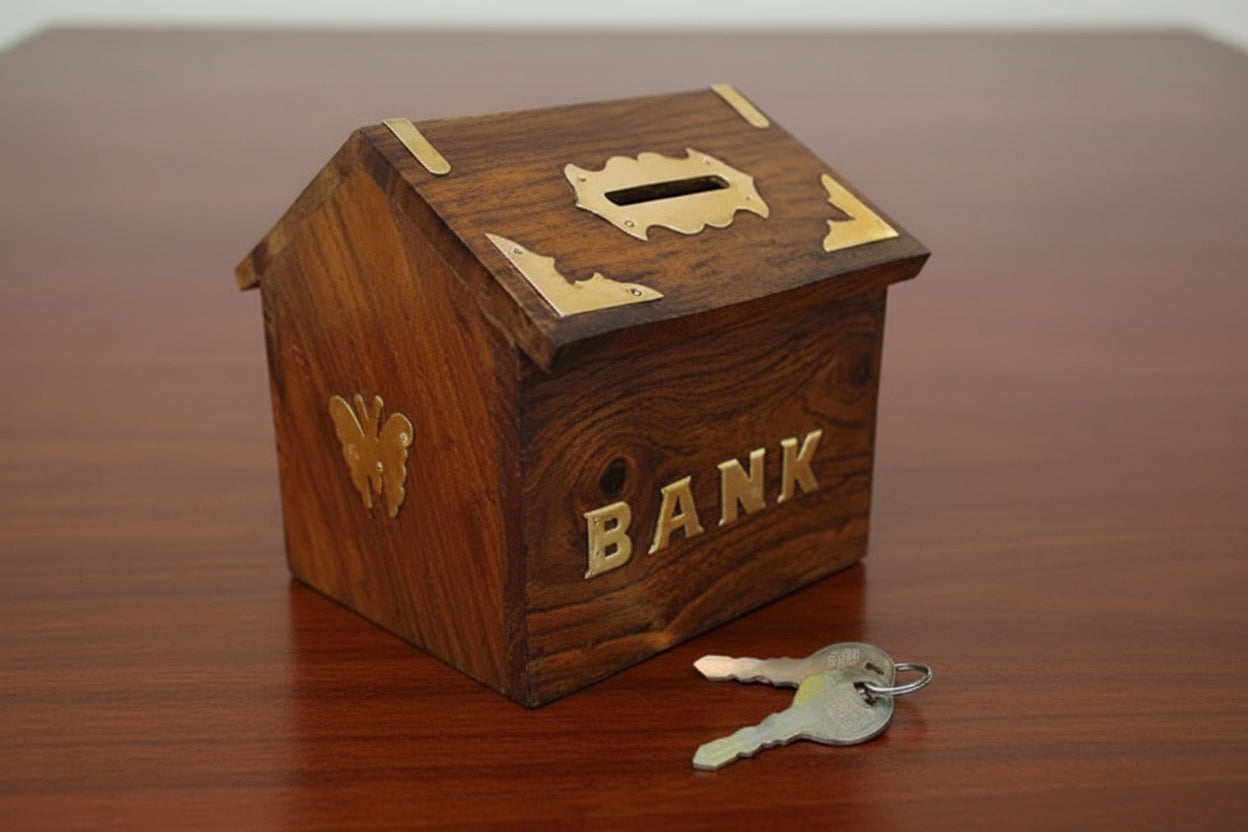 Handmade Wooden hut shape Bank – Ethnic Savings Box for Home Décor & Gifting, 5"