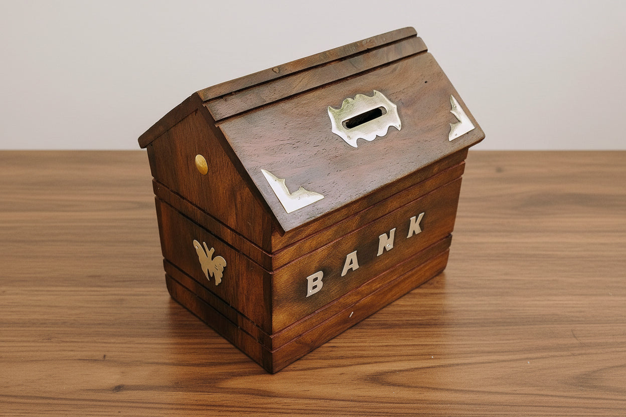 Handmade Wooden hut shape Bank – Ethnic Savings Box for Home Décor & Gifting, 6"