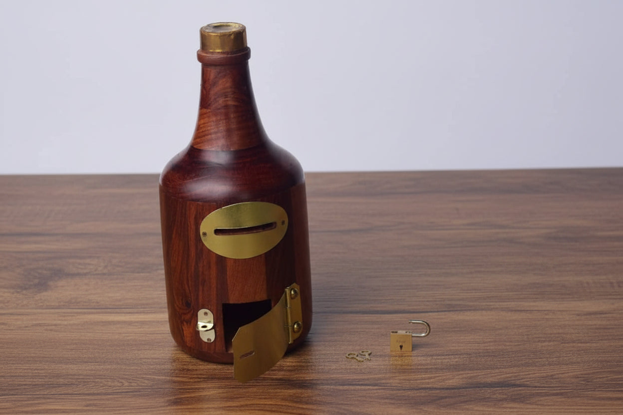 Handmade Wooden bottle shape Bank – Ethnic Savings Box for Home Décor & Gifting