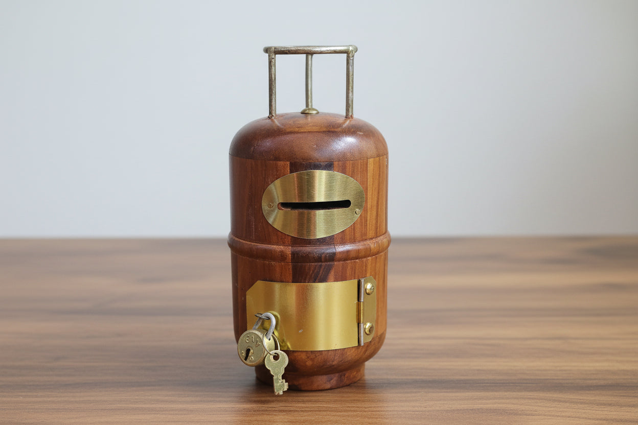 Handmade Wooden cylinder shape Bank – Ethnic Savings Box for Home Décor & Gifting